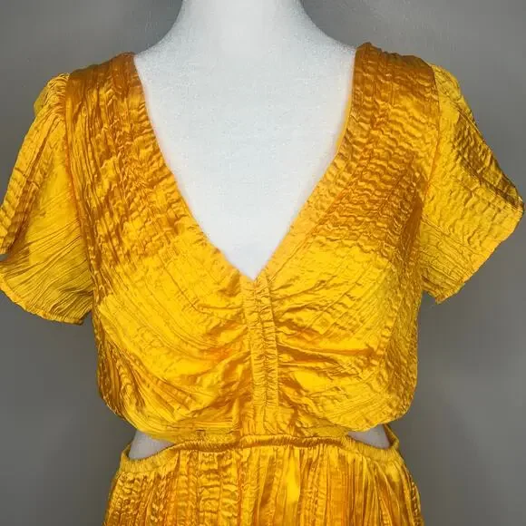 Express Satin V-Neck Flutter Sleeve Pleated Cutout Midi Dress Sz M Yellow Gold - Picture 3 of 11